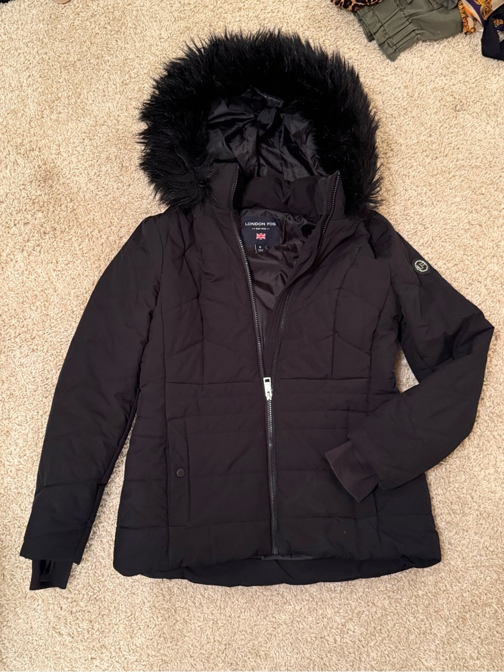 London Fog Black Quilted Hooded Puffer Coat with Faux Fur Hood Trim